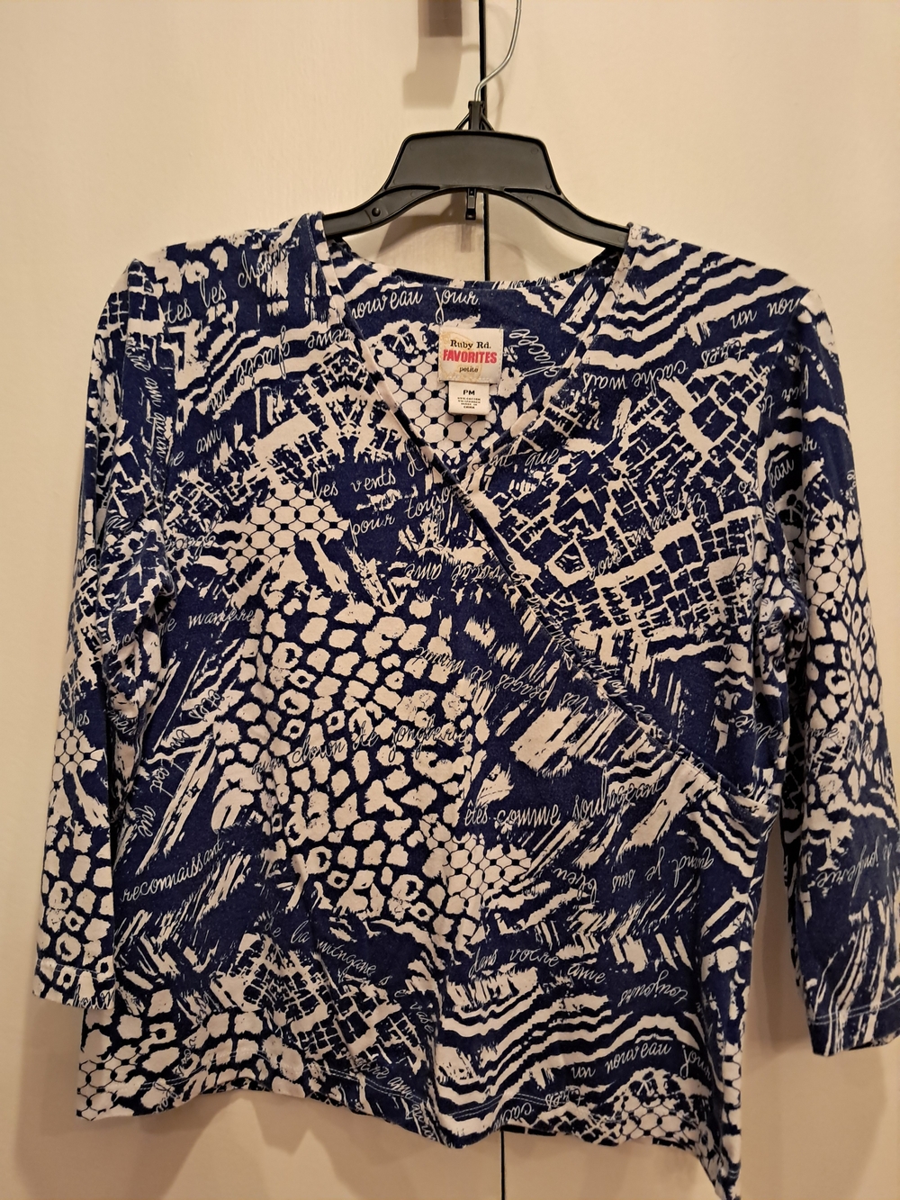 Ruby Rd. Blue & White Printed Wrap-Front Women's Top